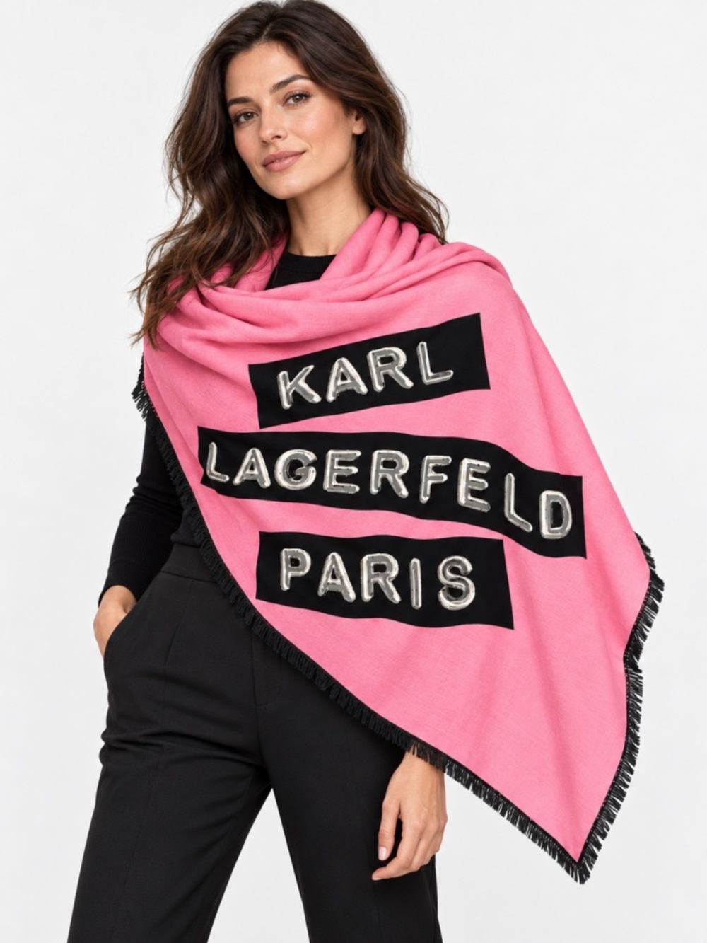Karl Lagerfeld Paris Pink Black Logo Scarf Modal Silk Square Wrap 52x52